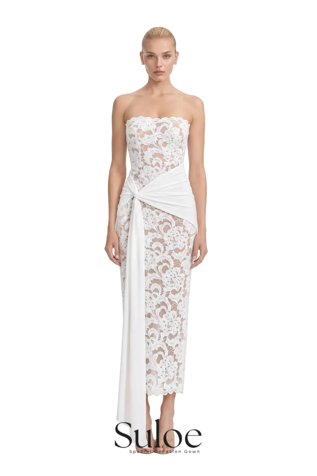Suloe White Strapless Lace Prom Dress Draped Sash Tie Bodycon Maxi Party Gown Sexy Patchwork Glam Evening Gowns Customized
