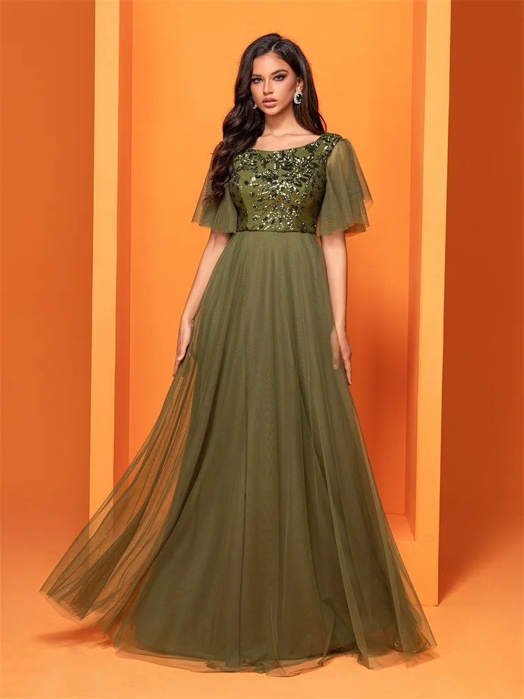 Lucyinlove Luxury Green Sequins Formal Evening Dress Women 2024 Elegant O-Neck Mermaid Prom Dress Short Sleeves Long Gowns