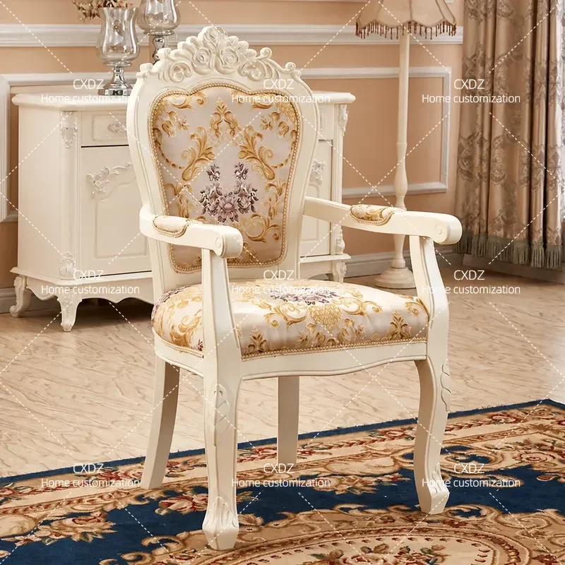 Solid Wood Single Desk Chair with Antique Fabric Upholstery and Armrests Casual Negotiation Seating for Adults