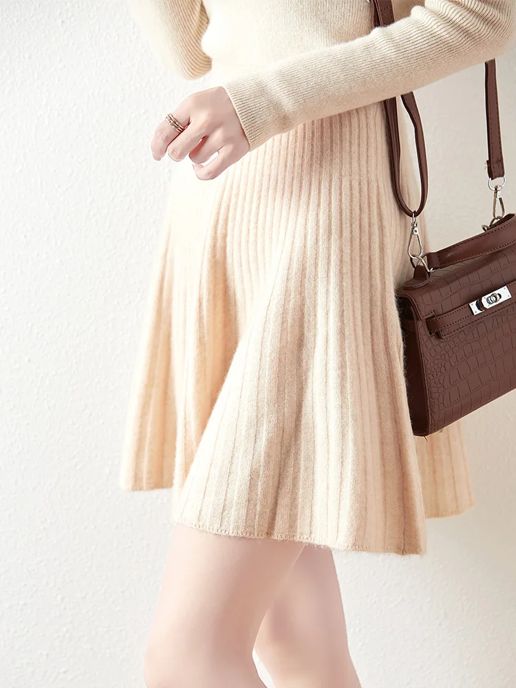Women's Wave Short Skirt 100% Merino Wool Mini Skirts Autumn Winter Sweater Umbrella Skirt High Waist Stretch Sweet Knit Dresses
