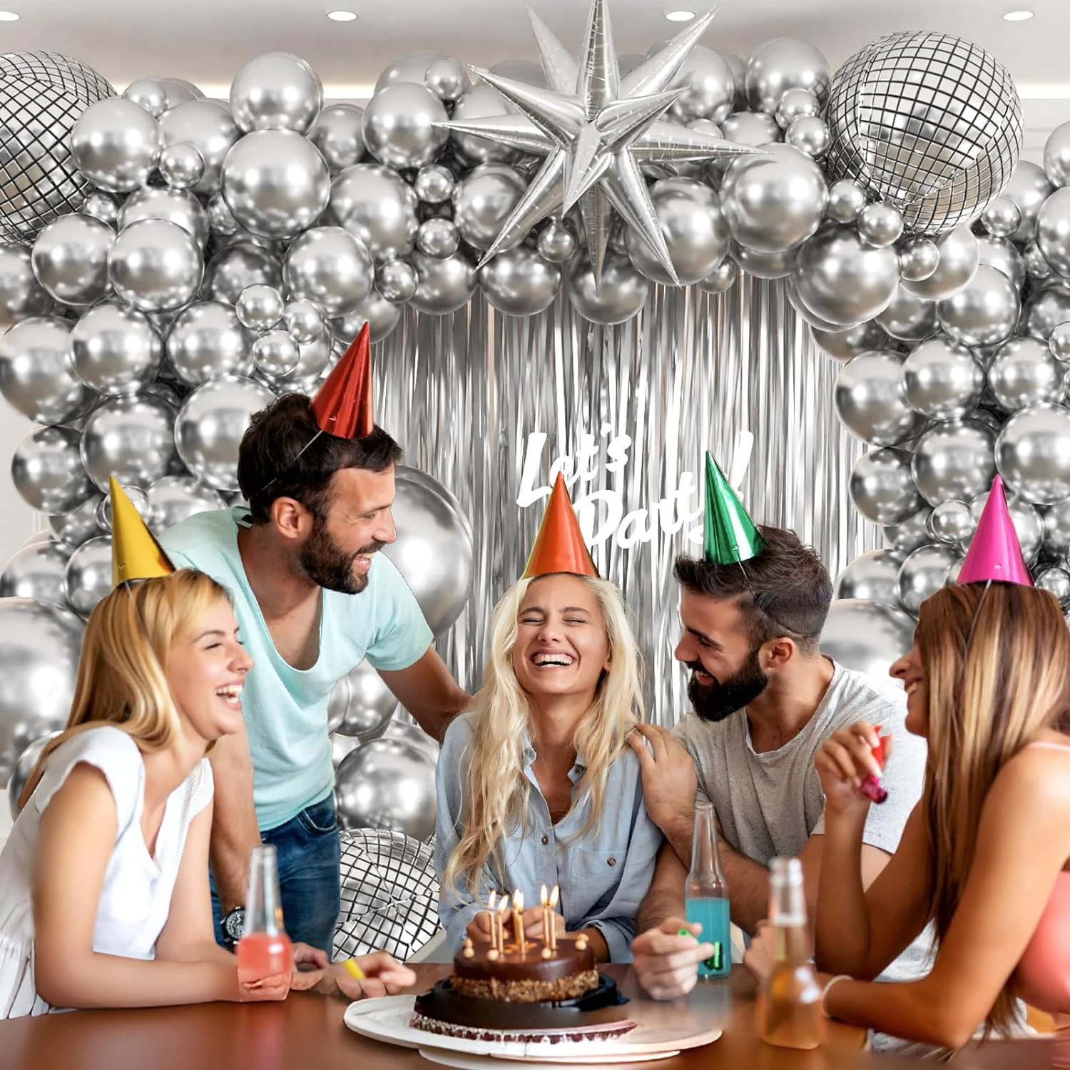 Disco Silver Balloon Arched Flower Ring Set, with a metallic silver tassel background, suitable for birthday parties in 2024