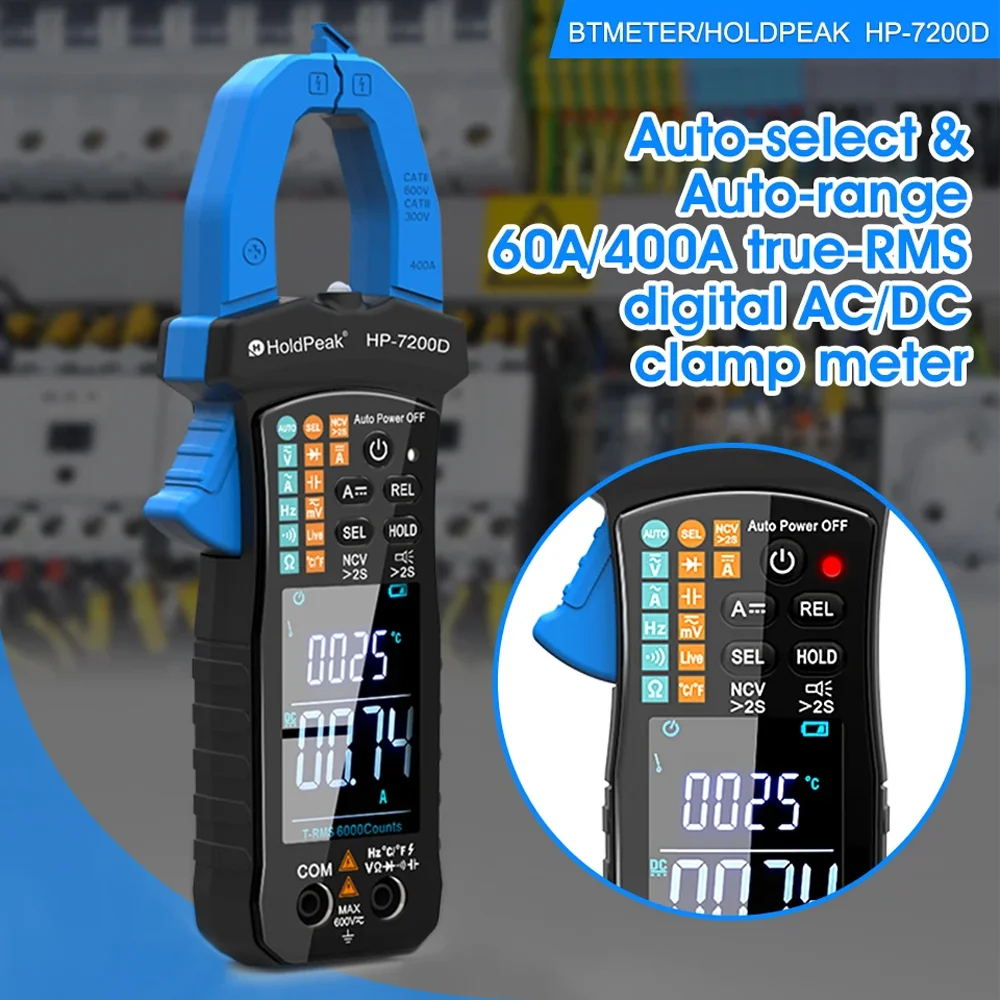 HP-7200D Digital AC/DC Clamp Meter, Auto-Select & Auto-Range, 60A, 400A, True-RMS, Can Auto-select DC and AC Voltage, AC Current