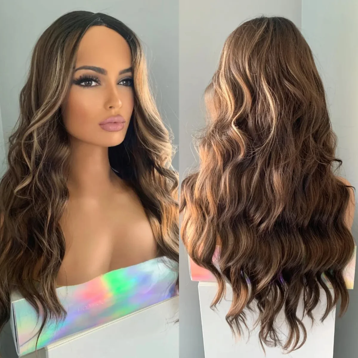 

Выделите коричневые парики Объемные волны Синтетические кружевные верхние парики со светлыми бликами Предварительно выщипанные бесклеевые HD кружевные парики для женщин