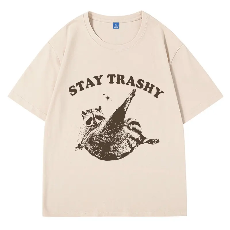 Vintage 9Os Funny Racoon T Shirt Y2k Clothes Boho Aesthetic Cute Stay Trashy T-shirt Funny Meme Oversized Cotton Short Sleeve