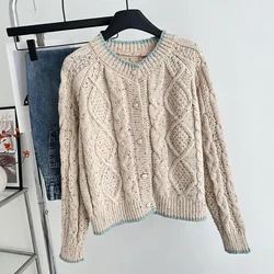 Women Sweet Single-breasted Sweater Coat Casual Fall O-Neck Warm Cardigan Sweater Thickened Winter Vintage Knit Sweater Outwear