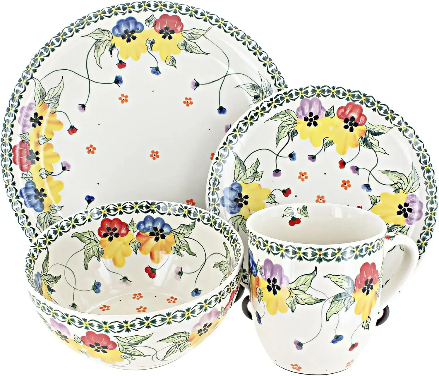 Blue Rose Polish Pottery Majestic Pansy 16 Piece Dinnerware Set