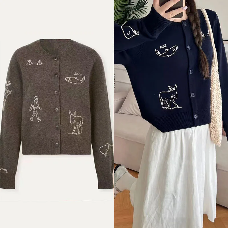 Cardigan for Women 2024 New Spring Autumn 100% Cotton Embroidery O-neck Single Breasted Casual Long Sleeve Sweater