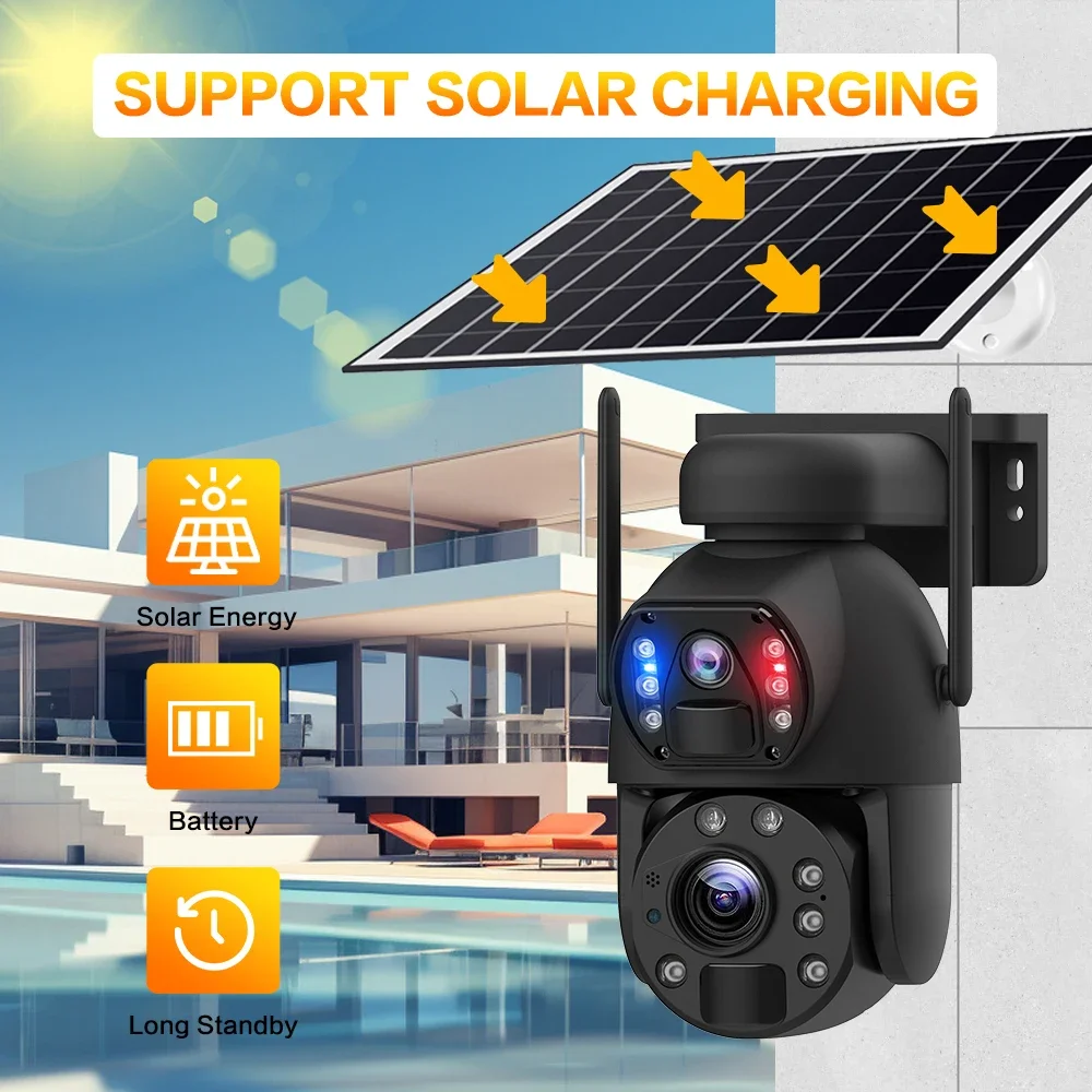 4K 8MP 20X PTZ Zoom 4G Solar Powerd Two-Way Audio Camera Dual Lens Dual Screen Human Detection Outdoor 10W Solar Panel WIFI CCTV