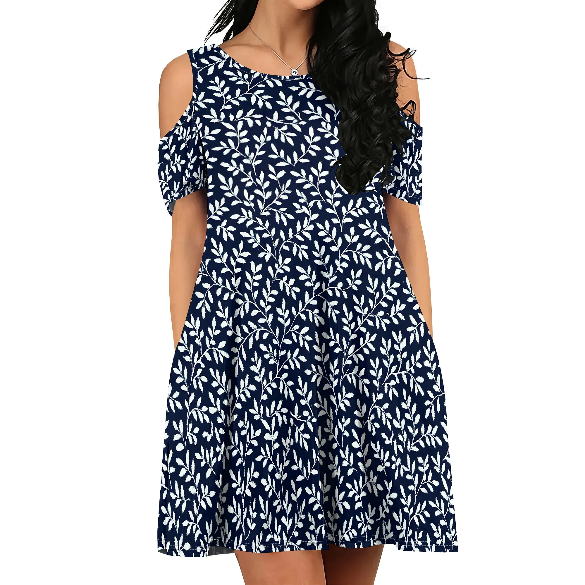 ผู้หญิงชุดไหล่เย็นลายดอกไม้พิมพ์แขนสั้น Sundress พร้อมกระเป๋า