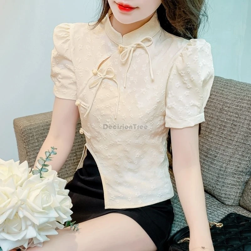 2024 chinese style fashion design sense irregular qipao top sweet girl puff sleeve button tassel top elegant temperament blouse