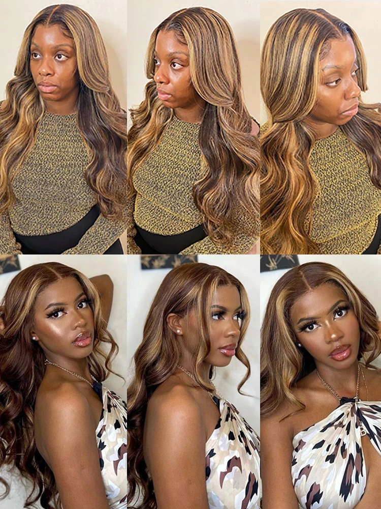 Sogreat Brazilian Body Wave Hd Lace Front Human Hair Wigs For Women 250% Density Highlight Bouncy Water Wave Wig 13X4 Transparent Lace Frontal Wigs Wet And Wavy P4/27 Brown Ombre Colored Swiss Lace Wi image 7