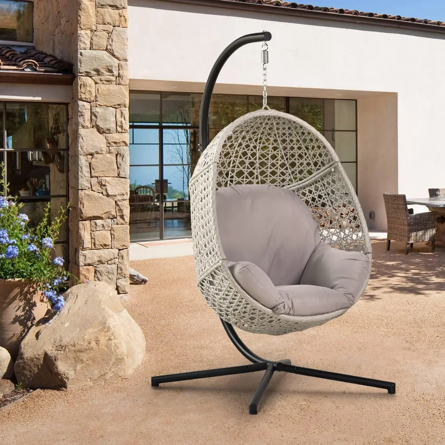 

Hanging Egg Chair with Stand, Wicker Egg Swing Chair PE Rattan Hanging Chair Comfort Cushion, 350LBS Capacity