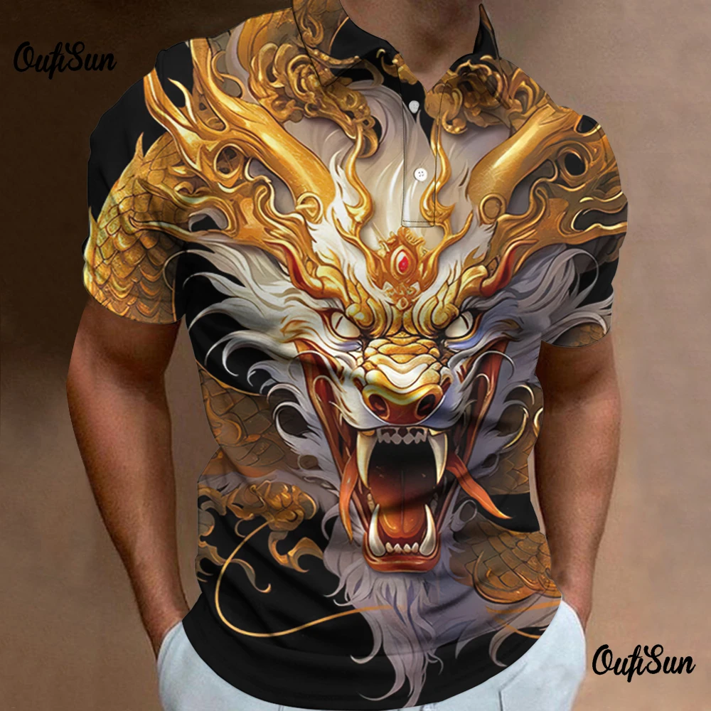 Kaos Polo Fashion pria, kaos 3d hewan naga bunga pria kasual harian lengan pendek longgar ukuran besar