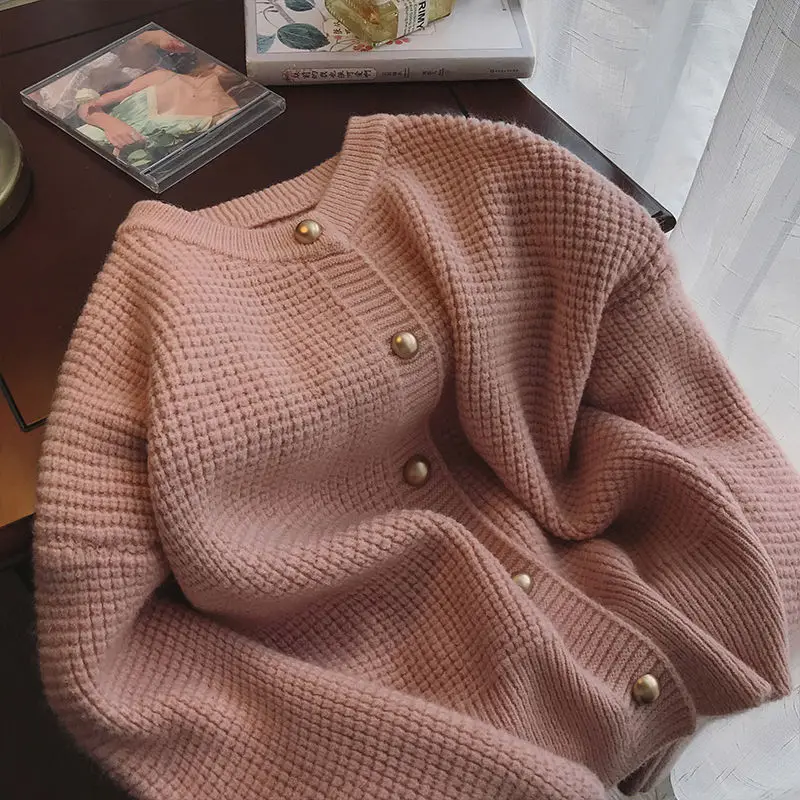 Autumn Winter New Round Neck Long Sleeve Fashion Sweater Women Solid Color Waffler Button Cardigan Elegant All-match Chic Tops