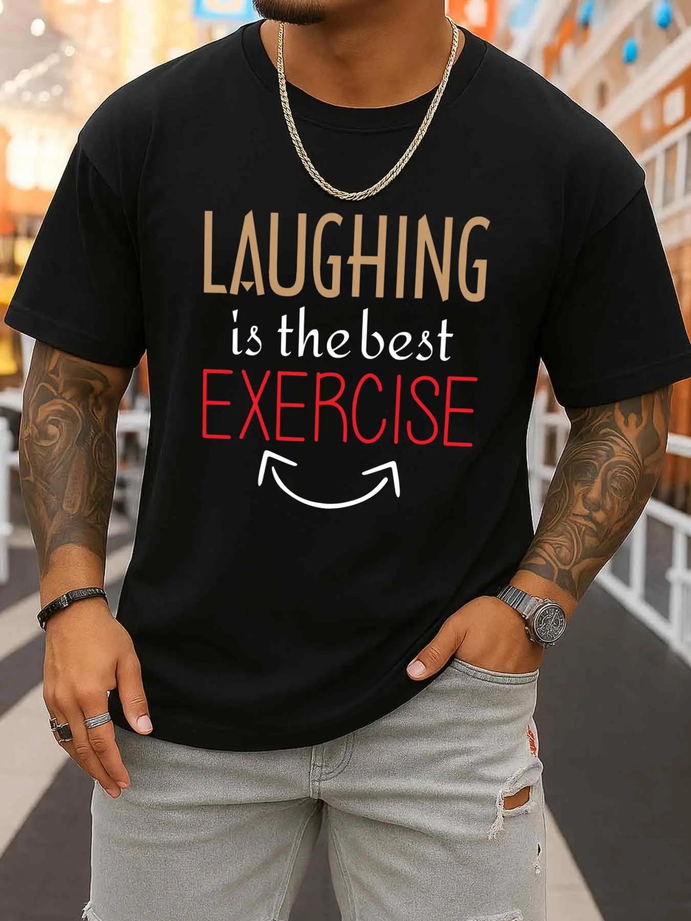Laugh Out Loud T-Shirt Men's Crew Neck T-Shirt Black Casual Patterned T-Shirt for Daily and Weekend Wear Regular Fit, Comfortable for Everyday Wear, Casual and Urban Fashion Style, Printed, Machine Washable, Comfortable for Everyday Wear