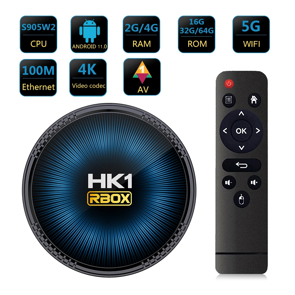 HK1 RBOX W2 Android 11 TV Box Amlogic S905W2 16GB 32GB 64GB AV1 2.4G 5G Dual Wifi BT4.1 3D H.265 4K HDR Media Player HK1RBOX