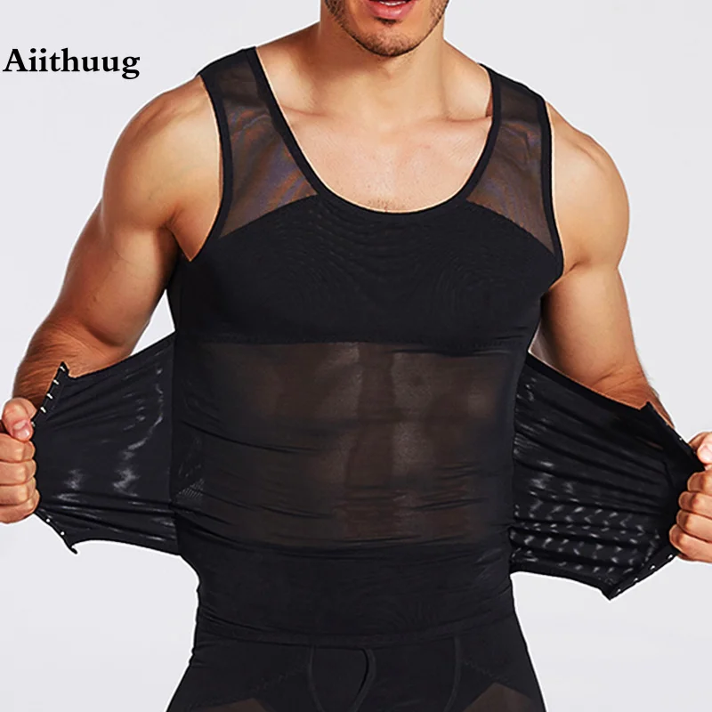 Aiithuug Men Shaper Vest 3 Rows Buckles Firm Tummy Control Compression Shirt for Men Slimming Undershirt Body Shaper Tank Top