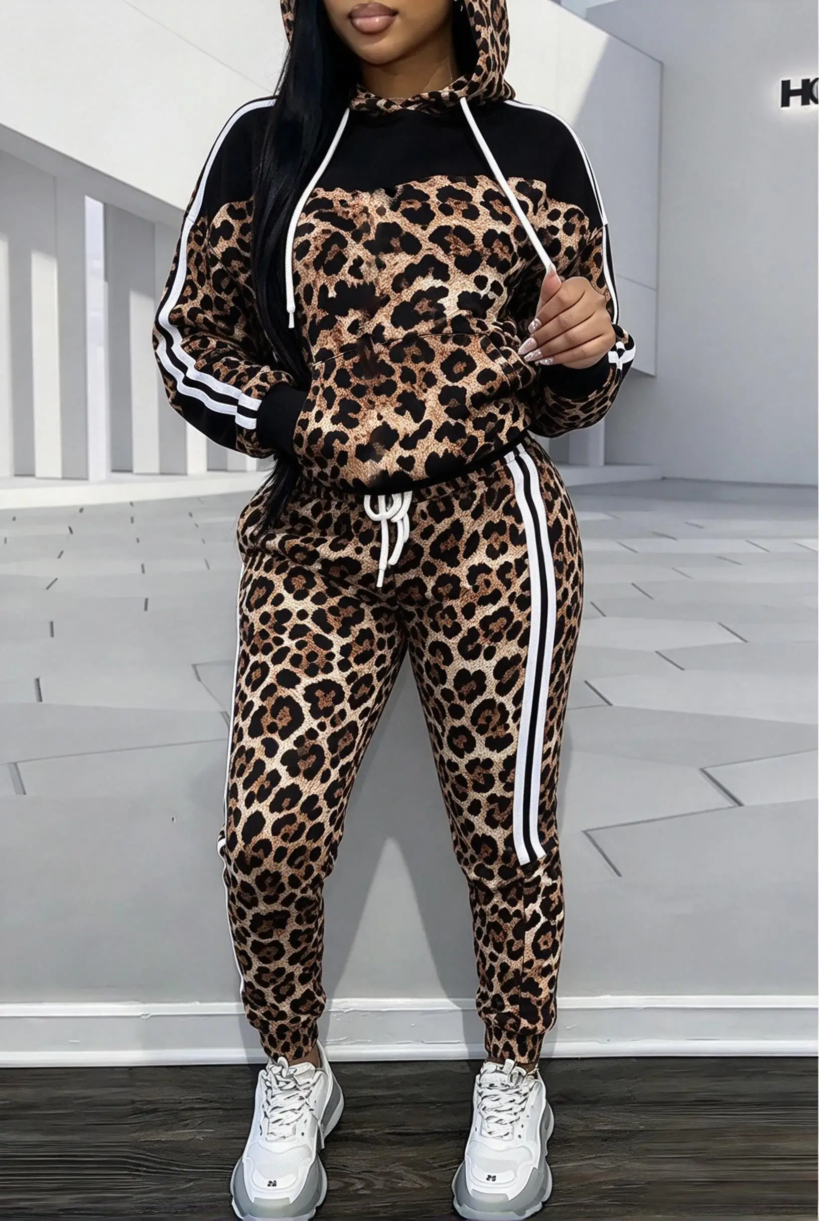 Women Color Block Leopard & Croc Print 2Pcs Tracksuit, Side Striped Hoodie Jogger Set, fashion street outfit.