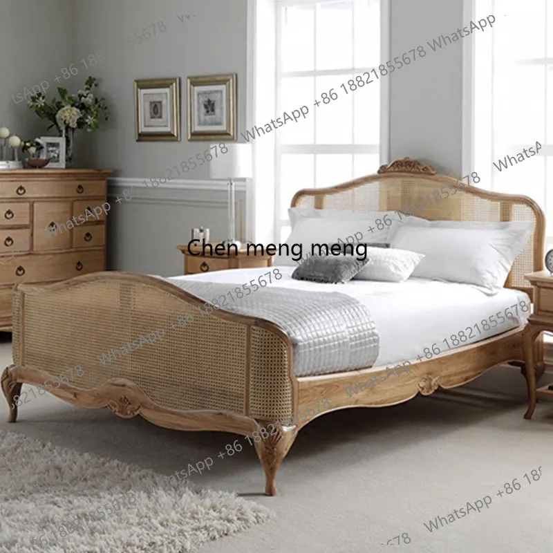 

Retro solid wood rattan bed, American simple carved rattan bed log color master bedroom, double bed