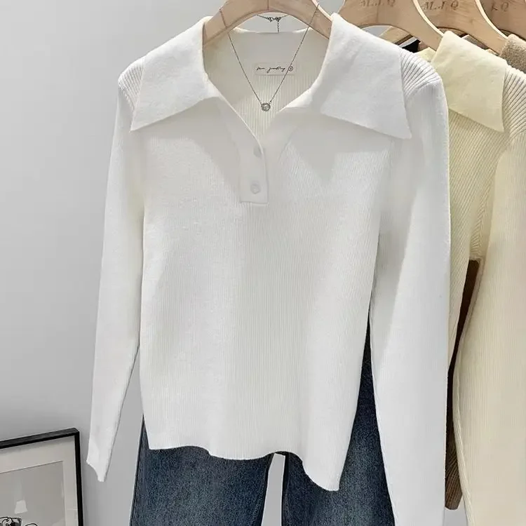 2024 Women\'s Spring Autumn New Loose Polo Collar Jumpers Female Buttons Knitwear Tops Ladies Long Sleeve Sweater Tops