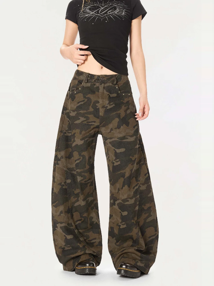 HIDES Pantaloni mimetici retrò americani Hiphop Sciolto drappeggio dritto Casual Coltello a gamba larga Alla moda Vita alta Lungo cotone Wo...