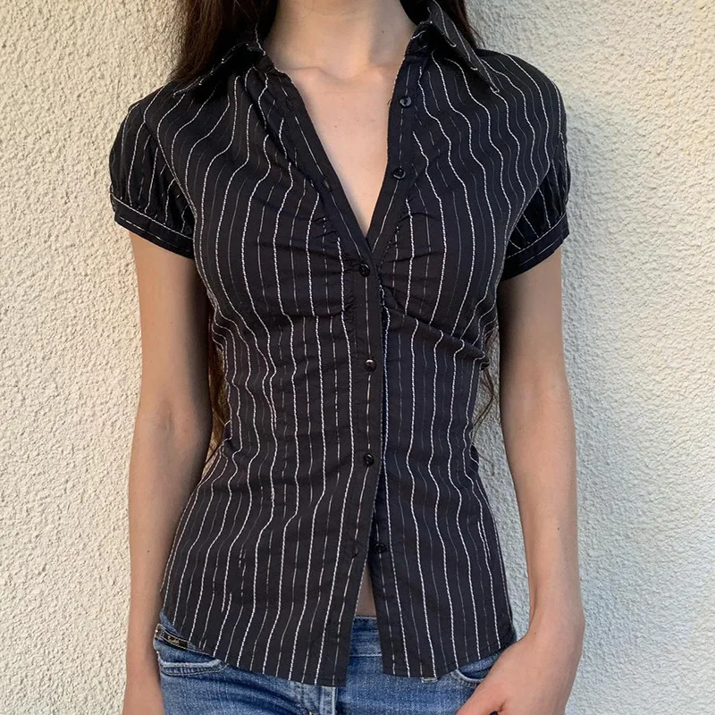 Fashion striped button bubble sleeves spicy girl temperament folds shirt