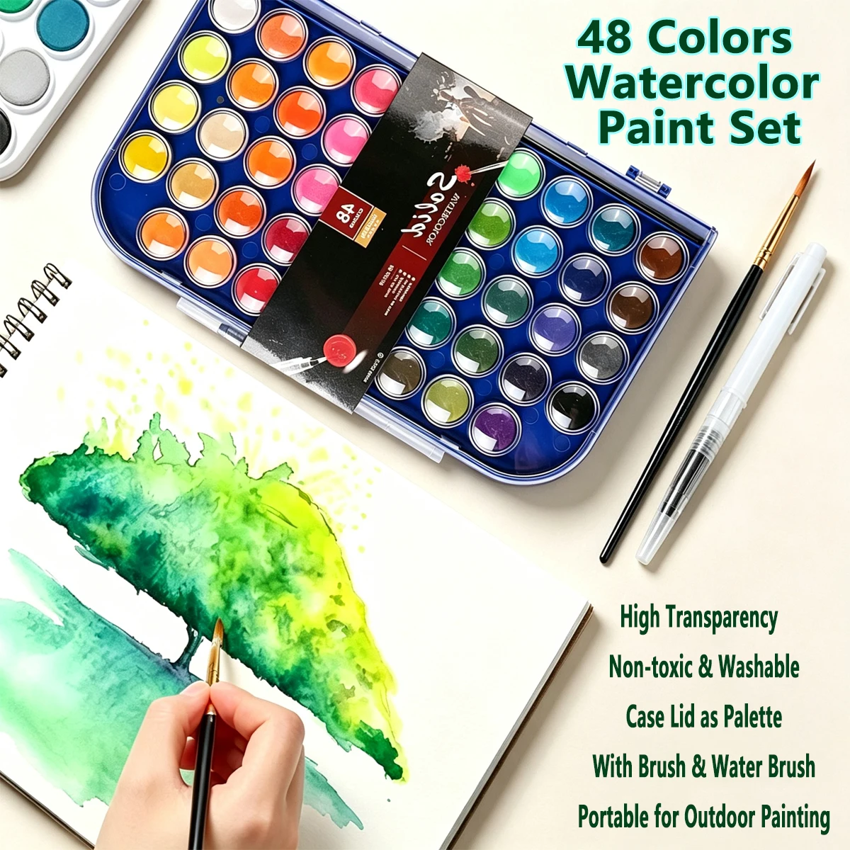 48 Colors Watercolor Paint Set,with a Brush Refillable a Water Brush Pen and Palette  Non-toxic Watercolor Paint,Washable Pan