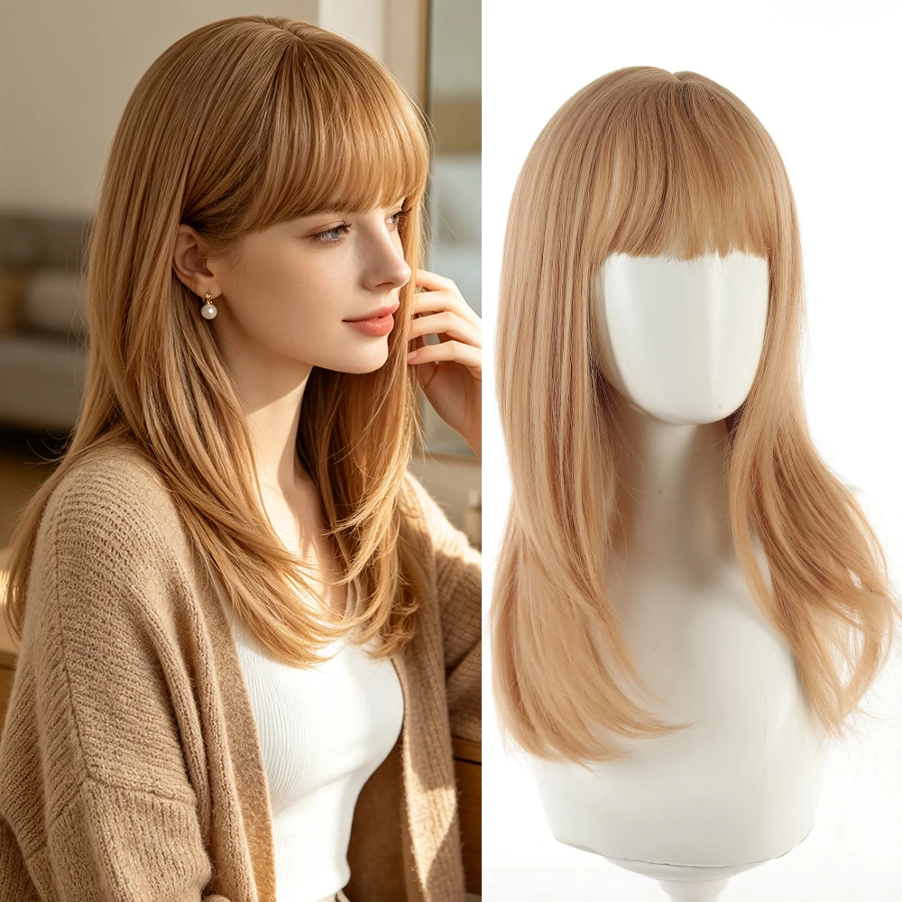 Synthetic 20 Inch Brown Straight Bangs Long Hair Wig Halloween Cosplay Heat Resistant Fiber Hair Accessories