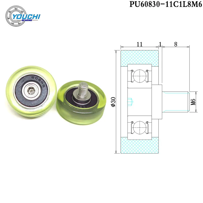 

2pcs OD 30mm PolyUrethane Bearing Bolt Roller With M6 Screw 30x11xM6 PU60830-11C1L8M6 PU Coated Conveyor Wheels