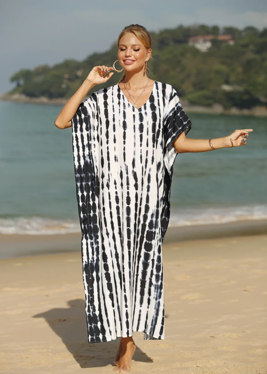 Sexy Black White Tie Dye Kaftan Dress Women Casual Oversized Beach Cover Up Summer V Neck Striped Maxi Dresses Bikini Tunics