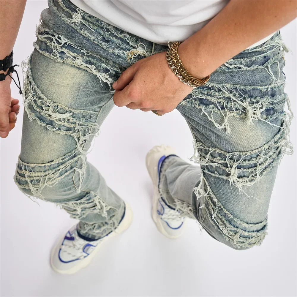 Wide jeansLeg Pants Ripped Spliced Men Jeans Vintage Ankle Length Distressed Denim Trouser Wash Solid Loose Pockets Punk Style