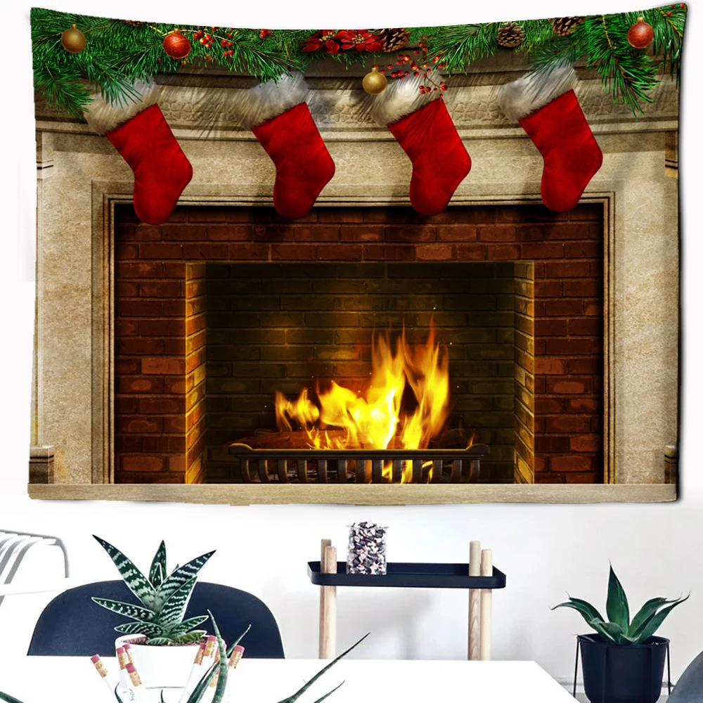 

Christmas Fireplace Tapestry Home Decoration Gifts Living Room Dorm Bedroom Bathroom Kitchen Wall Hangings Glowing Decor