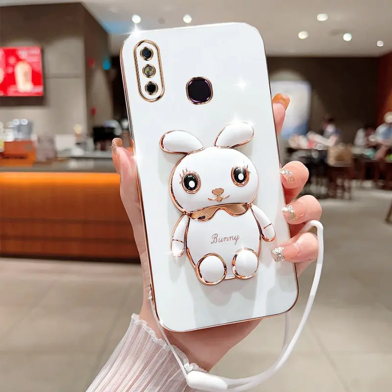 Phone Case For Infinix Smart 4 Smart 4C Luxury Plating Square Rabbit Holder With Landyard Phone Case Cover