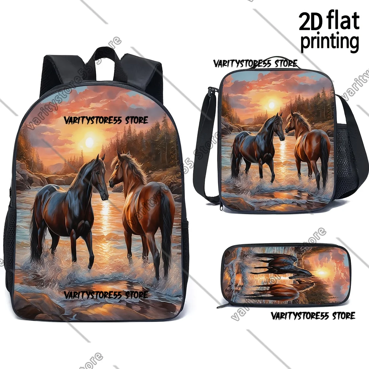 

Рюкзак «Лошади на закате» для школьников (мальчиков и девочек), сумка для ноутбука, наплечная сумка, 3 предмета: термосумка для обедов, пенал
