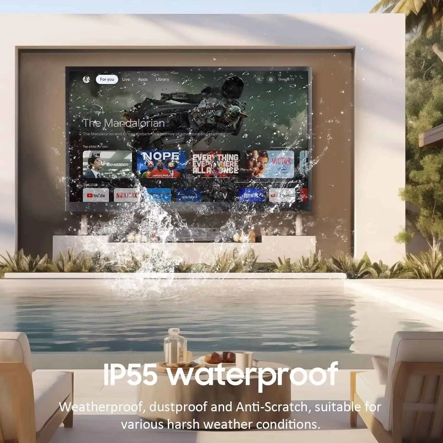 Outdoor Smart 55-Inch 4K TV IP65 Waterproof 2000NIT High Brightness Aluminum Housing -10C to 50C -Scratch LED Backlight
