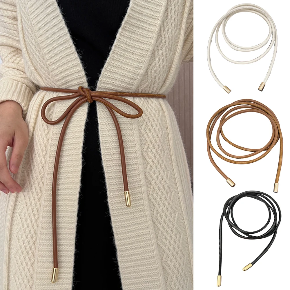 Women Lengthen Leather Waist Chain Thin Belt Simple Decoration Tie Dress Long Waist Rope Knotted Vintage Dress String Waistband