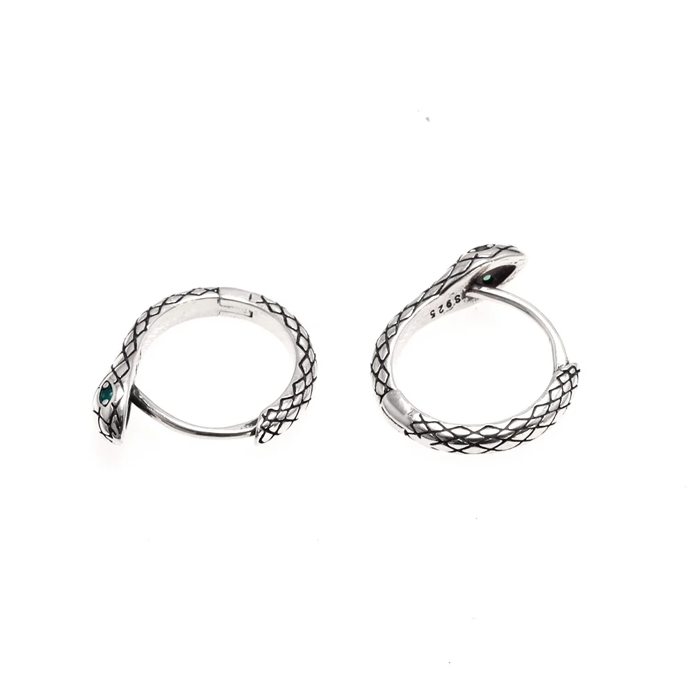 Vintage Fashion 925 Sterling Silver Snake Hook Earrings dla mężczyzn i kobiet Zircon Green Eyes Punk Hip Hop Biżuteria