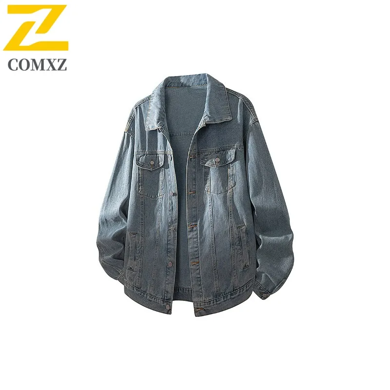 

COMXZ 2025 Мужская джинсовая куртка, осенняя американская рабочая одежда, стильное повседневное пальто, свободная посадка, универсальная модная модная верхняя одежда