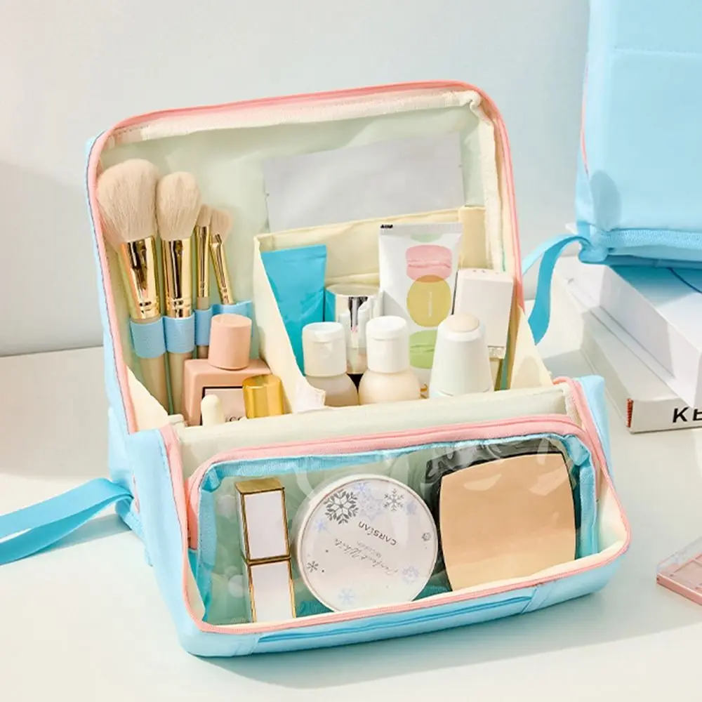 Borsa per trucco verticale di grande capacità Borsa portaoggetti per la cura della pelle standabile multiscomparto portatile divisoria