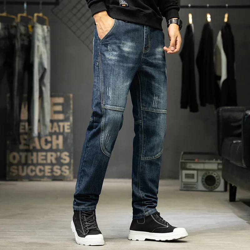 New autumn and winter models Men's dark blue jeans Elastic splicing straight slim jeans for men Large size 28-44