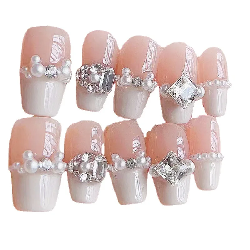 10개 수제 프레스온 네일 3D 진주 프렌치 누드 가짜 손톱 여성&소녀용 짧은 사각형 탈부착 가능한 착용 가능한 인조 손톱 아트