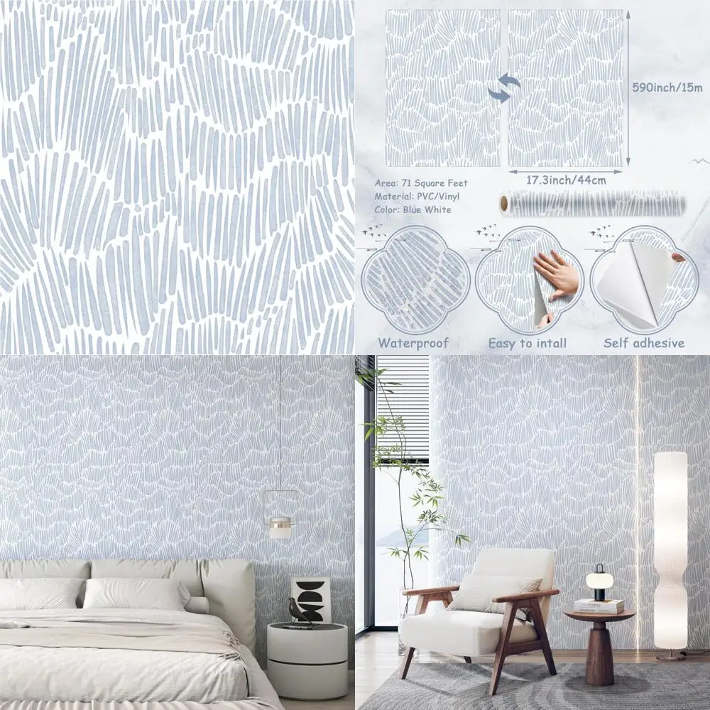 ورق حائط حديث مخطط باللون الأزرق قابل للتقشير واللصق ورق حائط بوهو 17.3 × 590 ورق حائط ذاتي اللصق قابل للإزالة لغرفة النوم مقاوم للماء B
