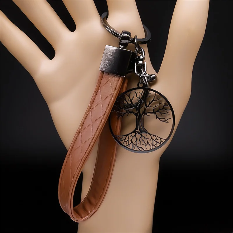 Albero della vita ciondolo in acciaio inossidabile portachiavi colore nero albero portachiavi in pelle PU accessori per borse gioielli da appendere per auto K824S