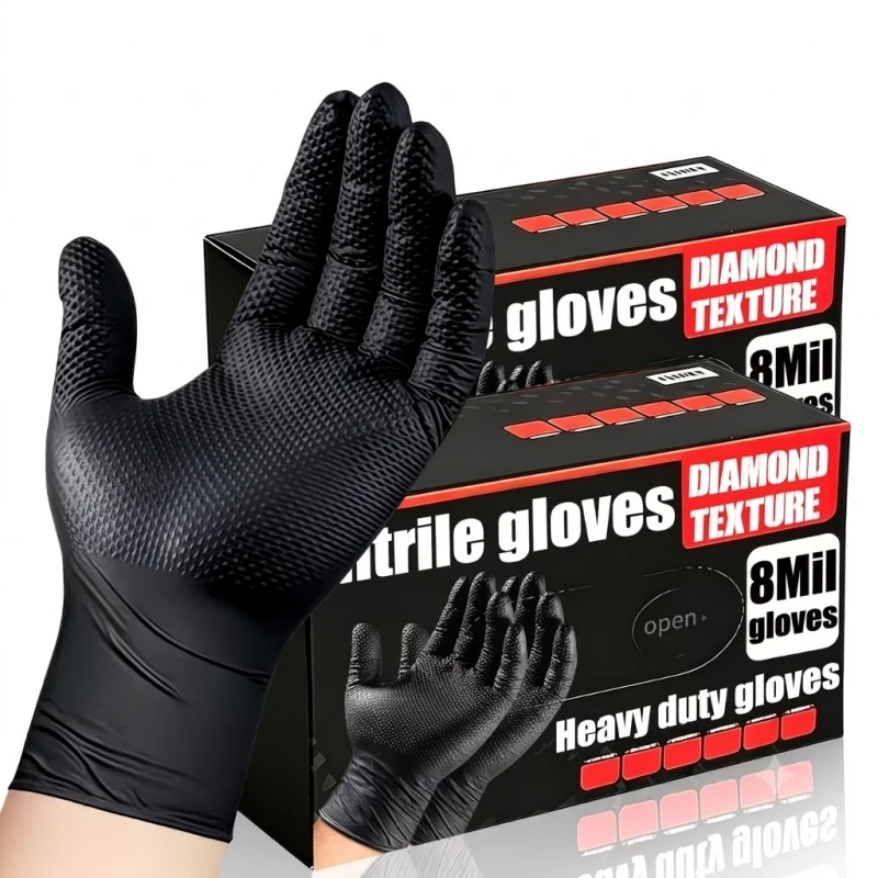 Heavy Duty Black Industrial Nitrile Gloves Disposable 8Mil Diamond Texture Extra Thick Safety Work Gloves for Men Mechanic Auto