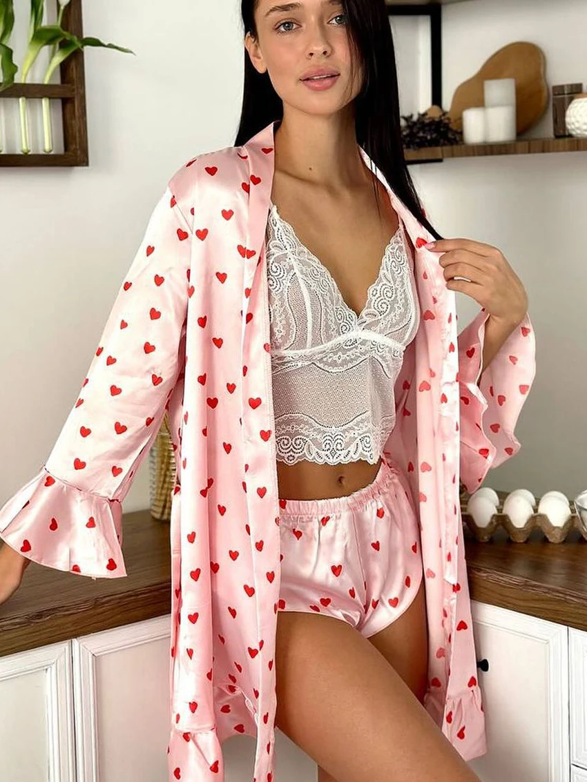Marthaqiqi Printing Female Nightgown Suit V-Neck Pajamas Long Sleeve Sleepwear Lace Up Nightie Shorts Casual Women Nightwear Set