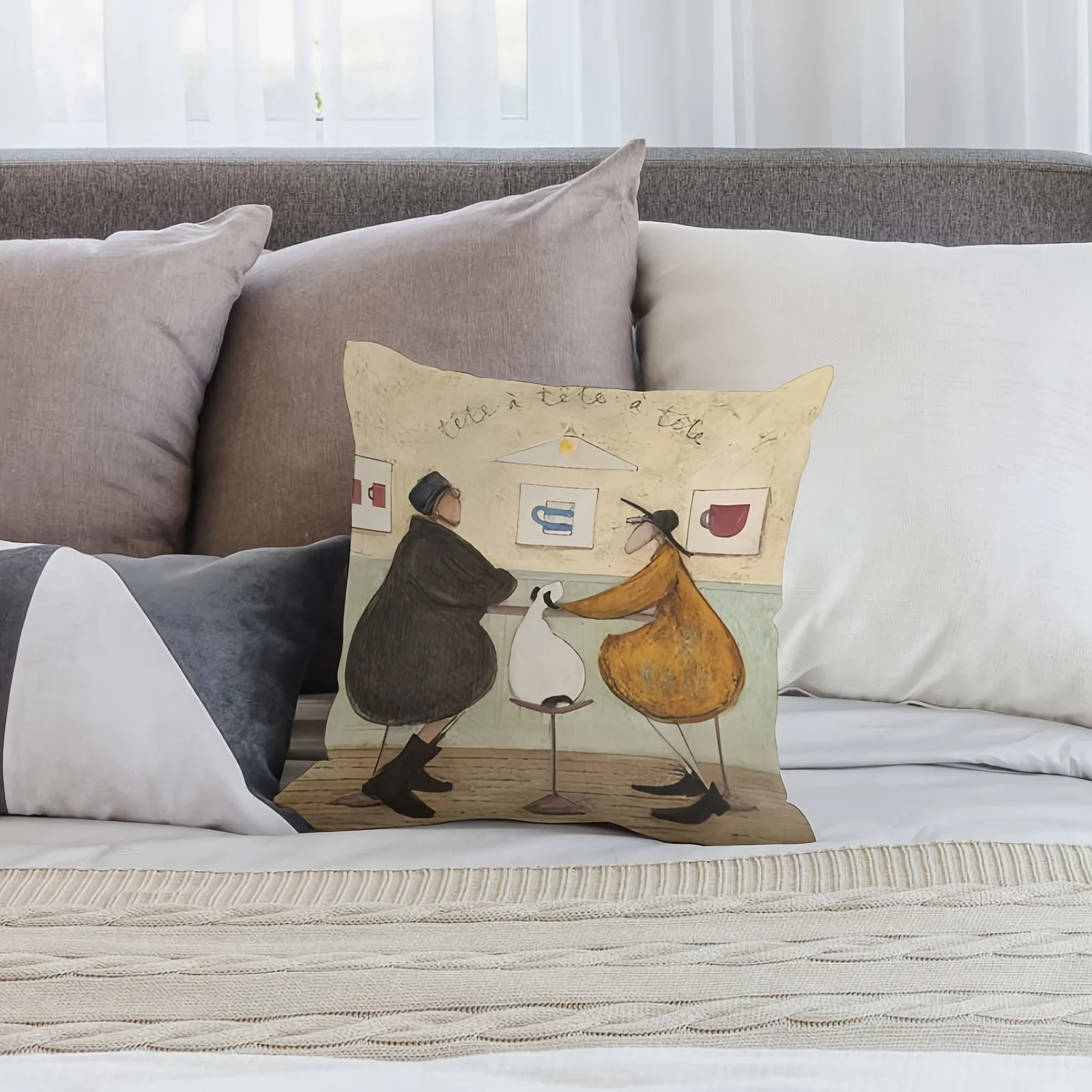 1pc French Cafe Art Pillow Cover, Polyester 2D Double-Sided Print, Tete-a-Tete Couple & Dog Painting, Parisian Themed Home Decor