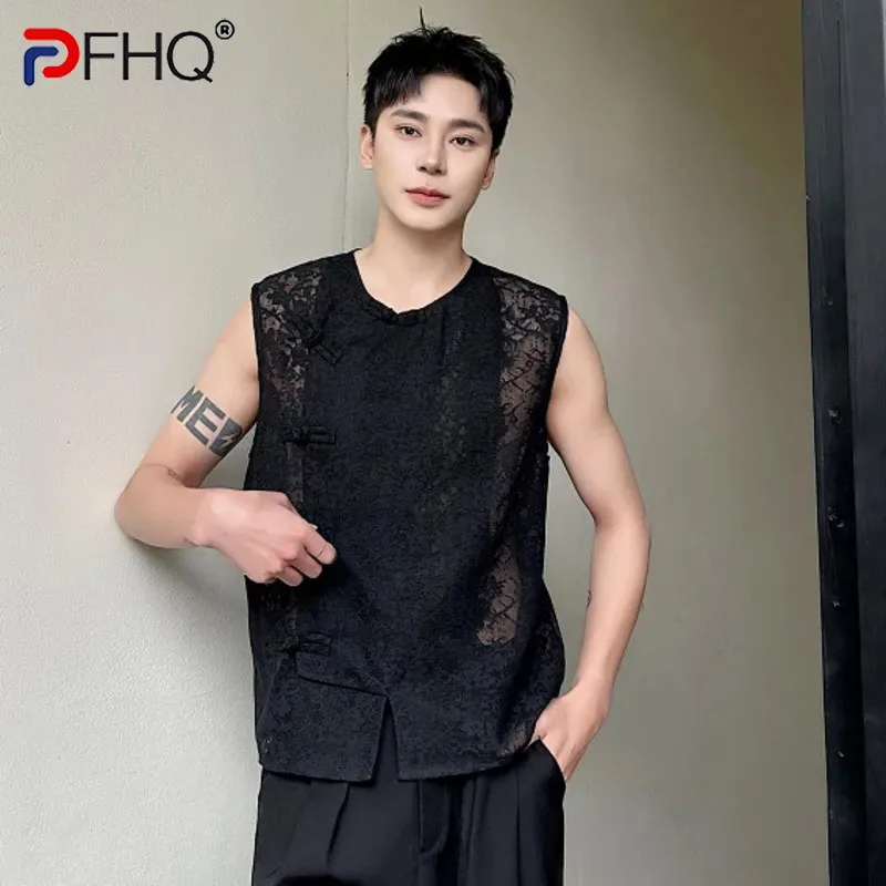 

PFHQ Summer New Chinese Style Loose Men's Tank Tops Casual Round Collar Sleeveless Hollow Out Top 2024 Fashion Tide 9C6053