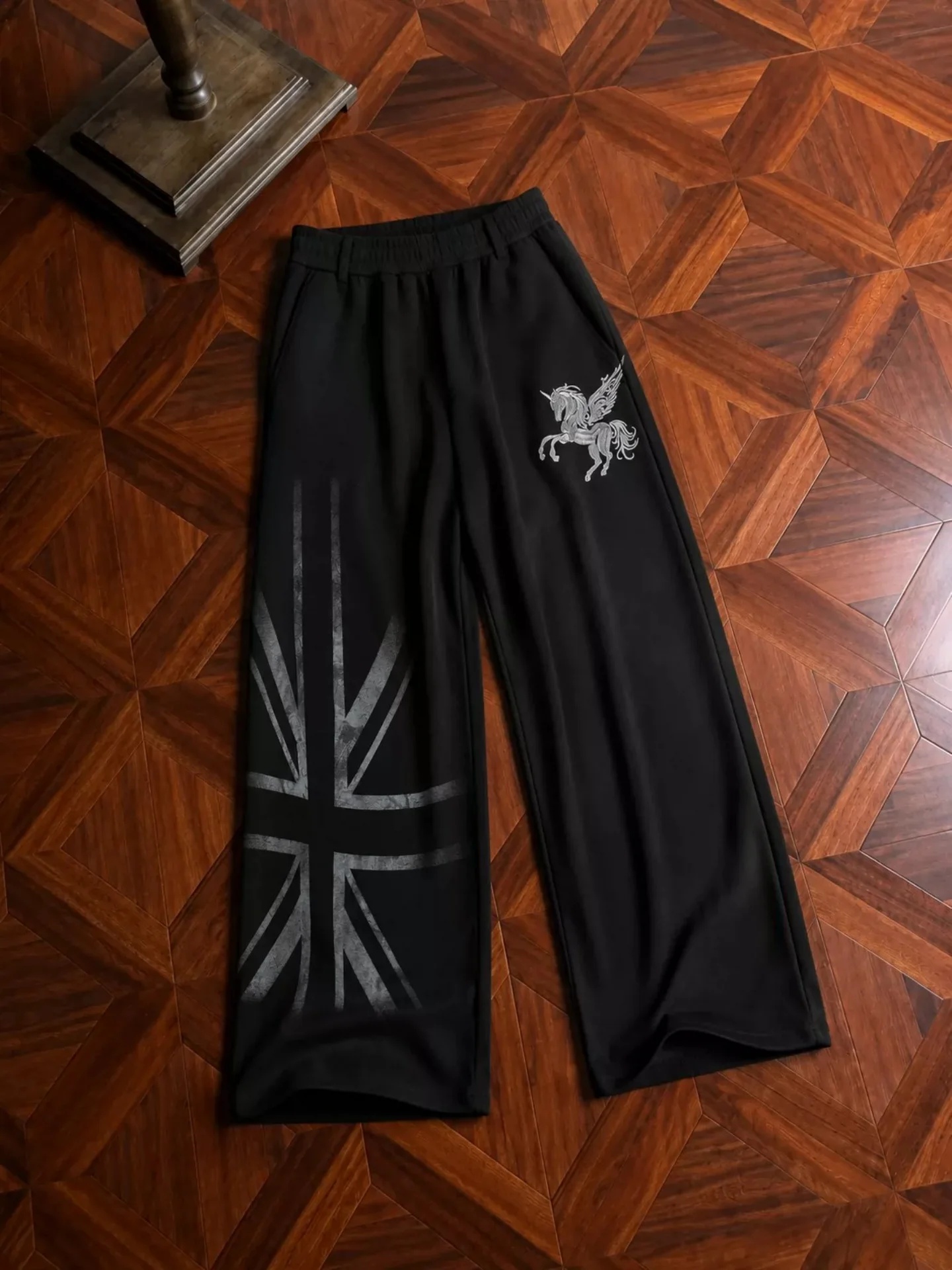 American Street Style Worn-In Print Wide Leg Sweatpants Men's Casual Pants with Pocket Star And Union Jack Flag Drapey Versat...