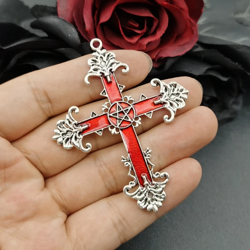 3pcs Gothic Large Cross Enamel Charms Pentagram Cross Pendants for Jewelry Making DIY Rosary Supplies Necklaces Crafts Accessory