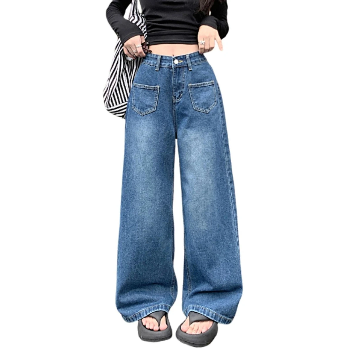 

Синие широкие джинсы свободного кроя для женщин, весенне-осенние, с высокой талией, прямого кроя, повседневные брюки, модные и стильные